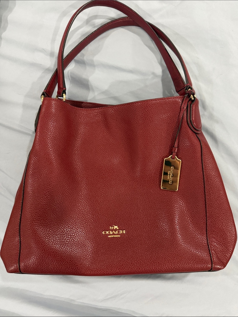Coach Edie 31 Pebble Leather Shoulder Bag in Burgundy Red with Gold Hardware